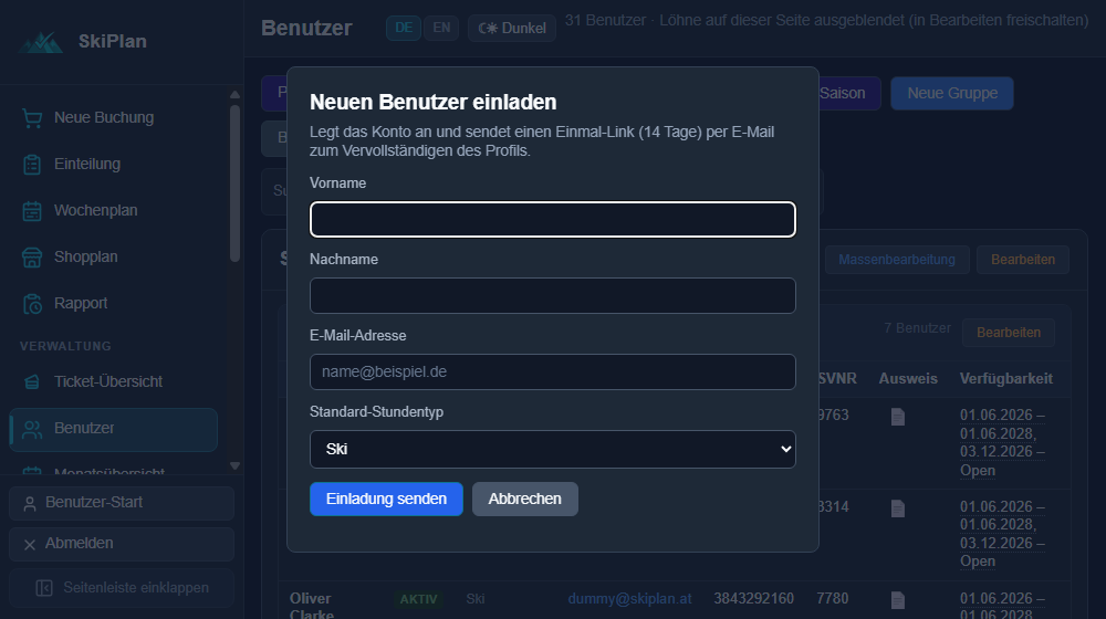 Modal Neuen Benutzer einladen mit Vorname, Nachname, E-Mail und Standard-Stundentyp