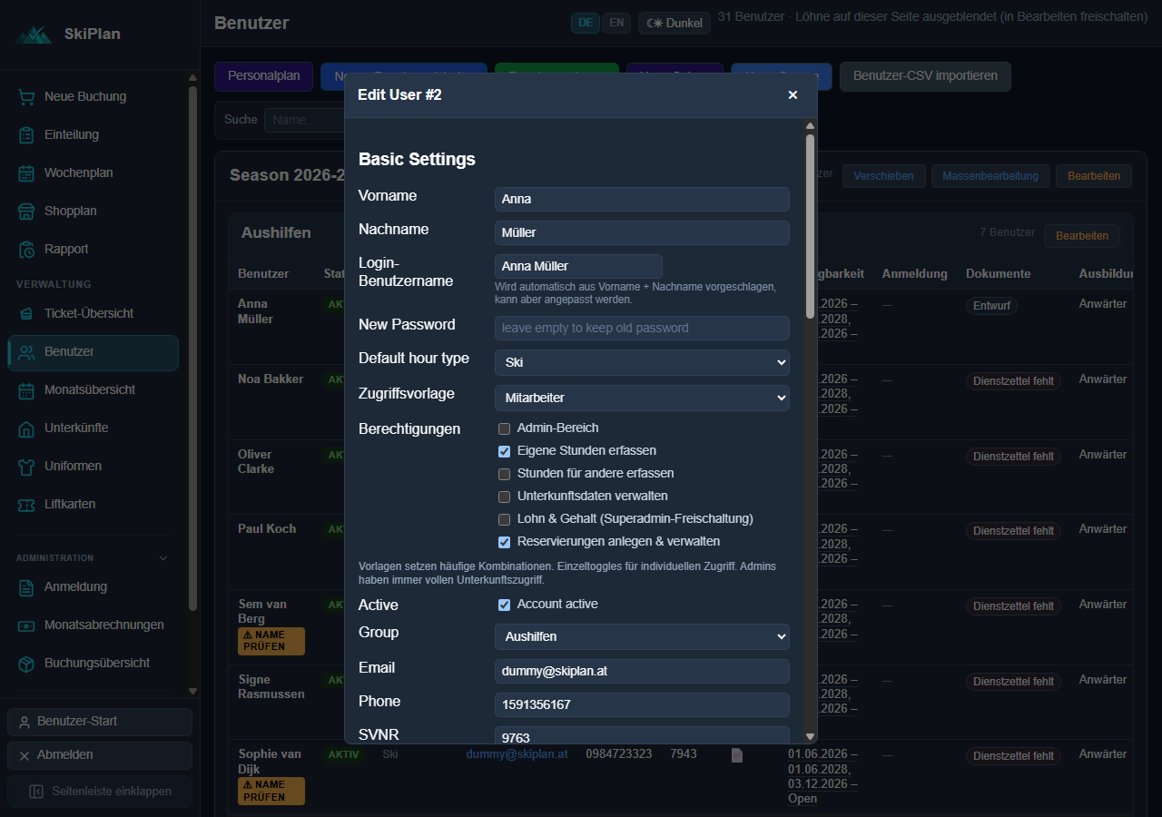Bearbeiten-Modal mit Login-Daten, Zugriffsvorlage und Berechtigungs-Checkboxen