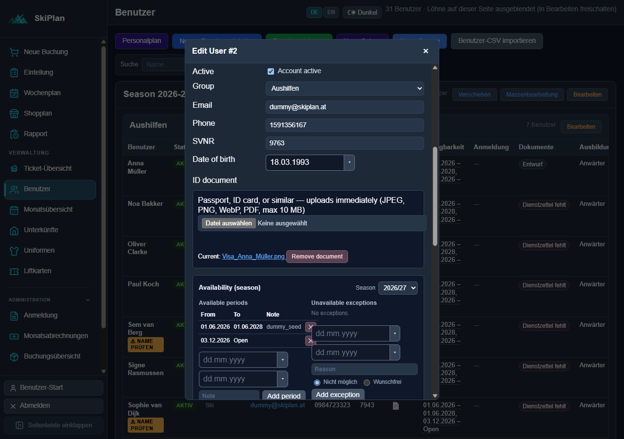 Bearbeiten-Modal mit Kontakt, SVNR, Geburtsdatum, Ausweisdokument und Verfügbarkeit