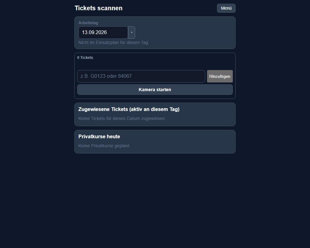 Tickets scannen mit Eingabefeld, Kamera-Button und Liste zugewiesener Tickets